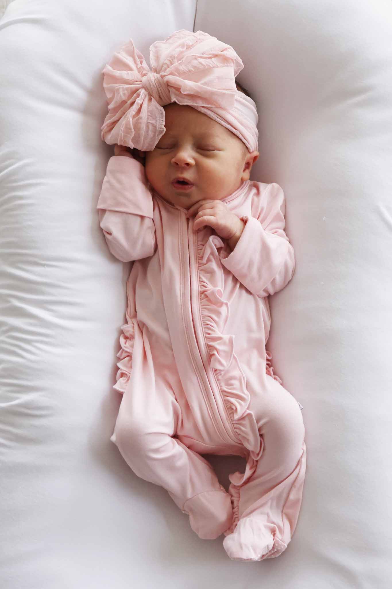 Baby Pink Bamboo Ruffle Zipper Footie