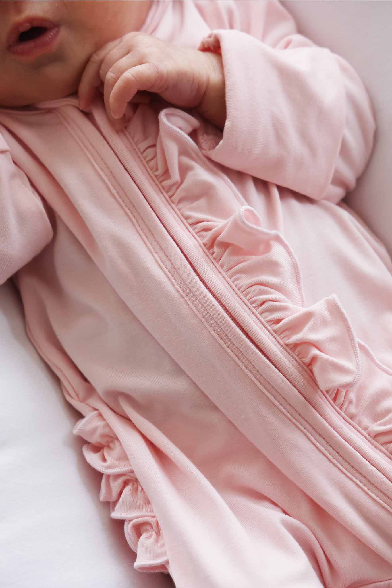 Baby Pink Bamboo Ruffle Zipper Footie
