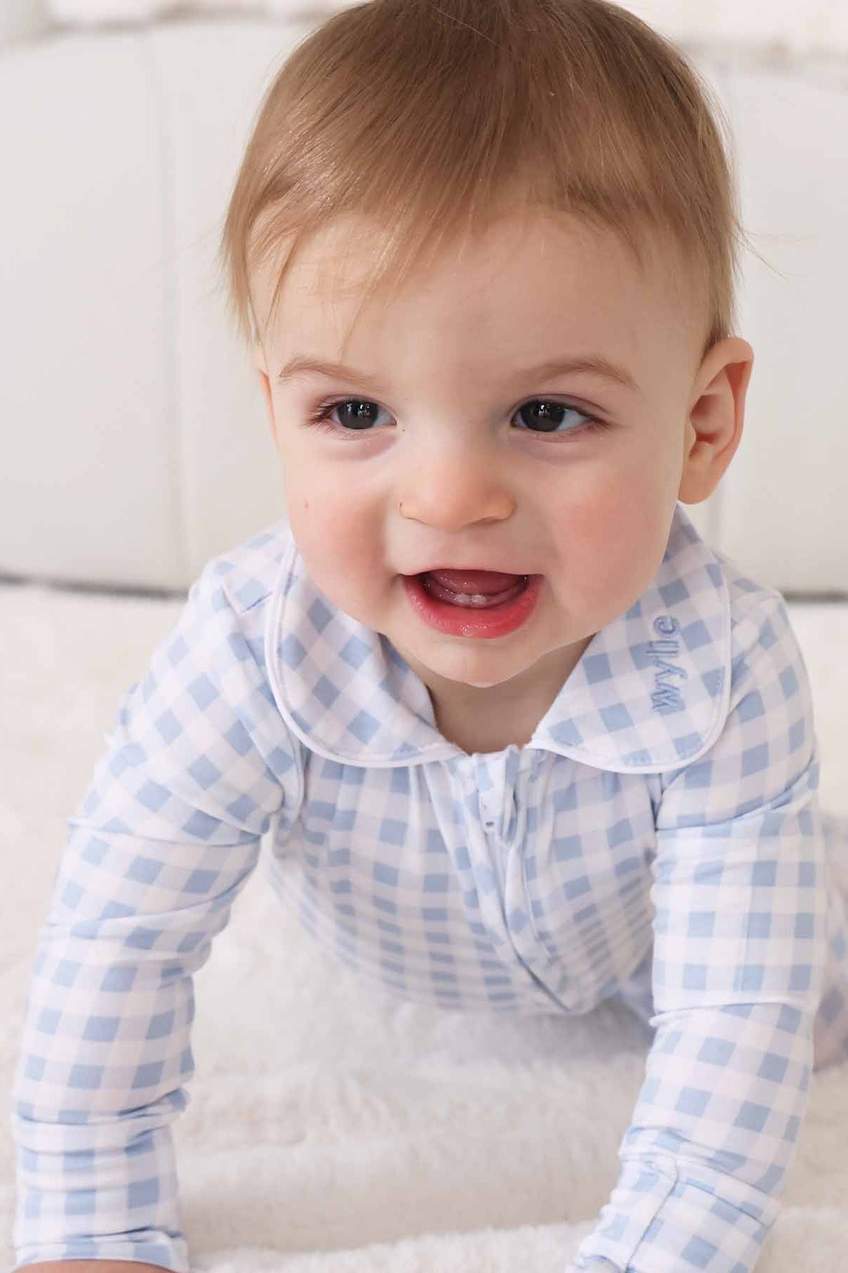 Peter Pan Collar Zipper Footie | Dusty Blue Gingham