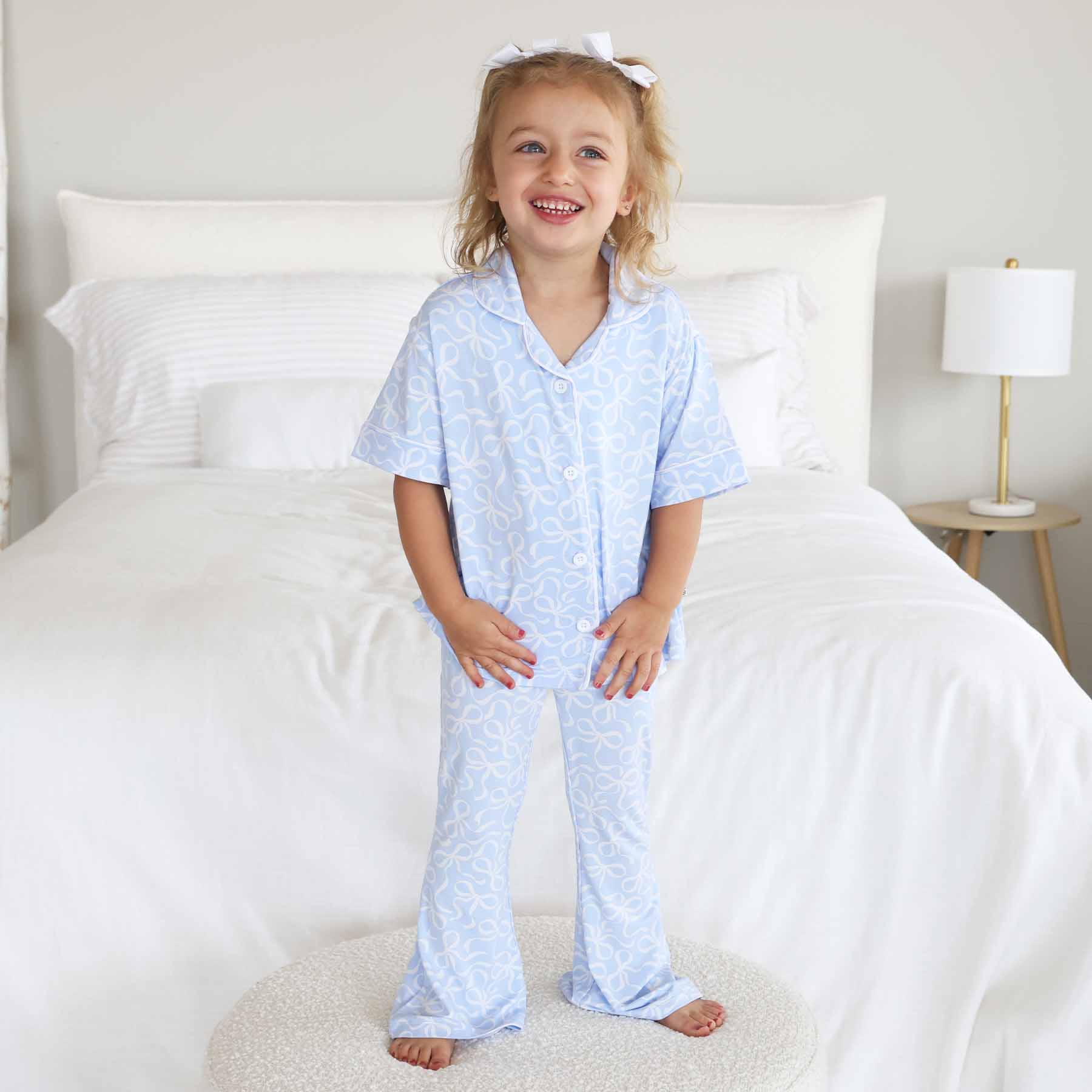 Girl's Two Piece Flare Lounge Set | Blue-tiful Bows