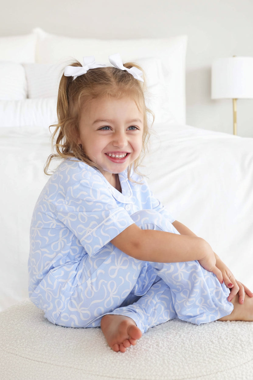 Girl's Two Piece Flare Lounge Set | Blue-tiful Bows