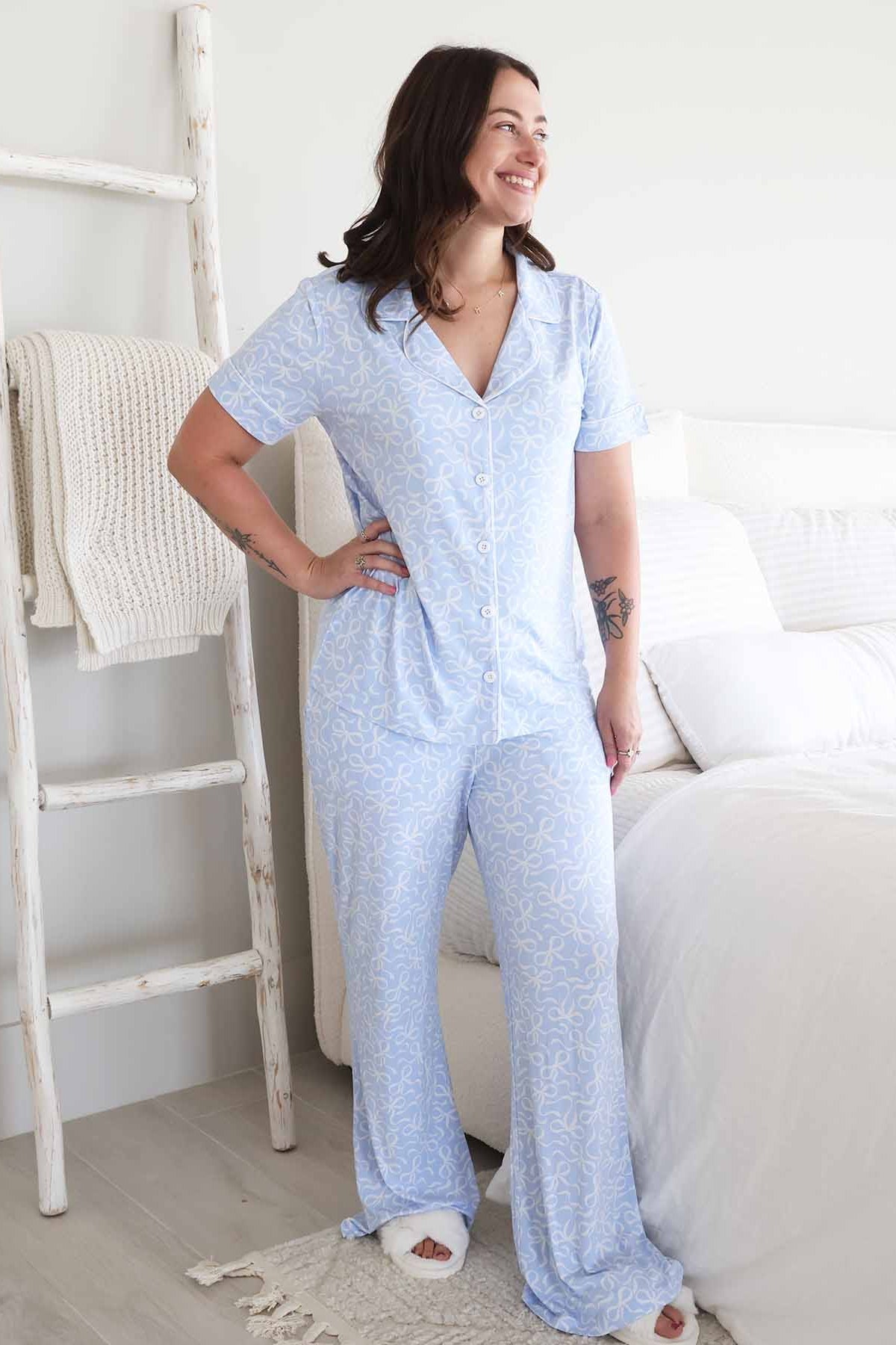 Women's Two Piece Flare Lounge Set | Blue-tiful Bows