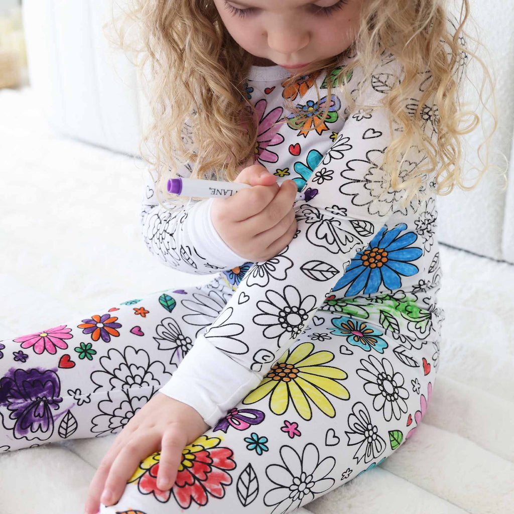 Colorable Two Piece Pajama Set | Floral Flutter