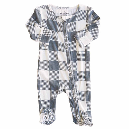 Big Check Bamboo Waffle Zipper Footie | Denim