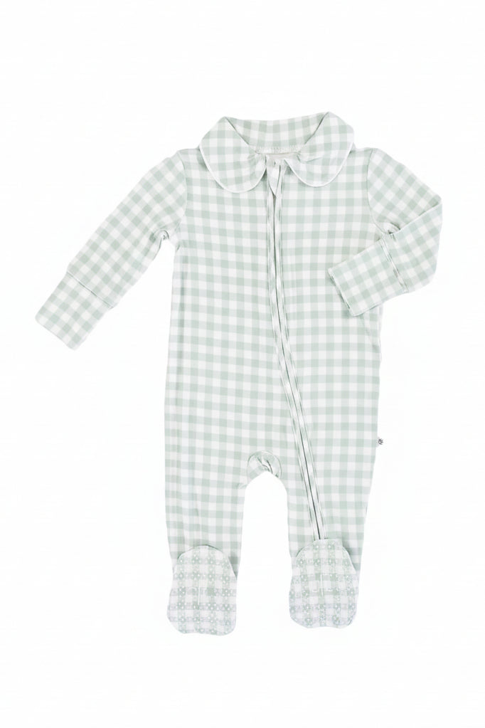Peter Pan Collar Zipper Footie | Moss Gingham