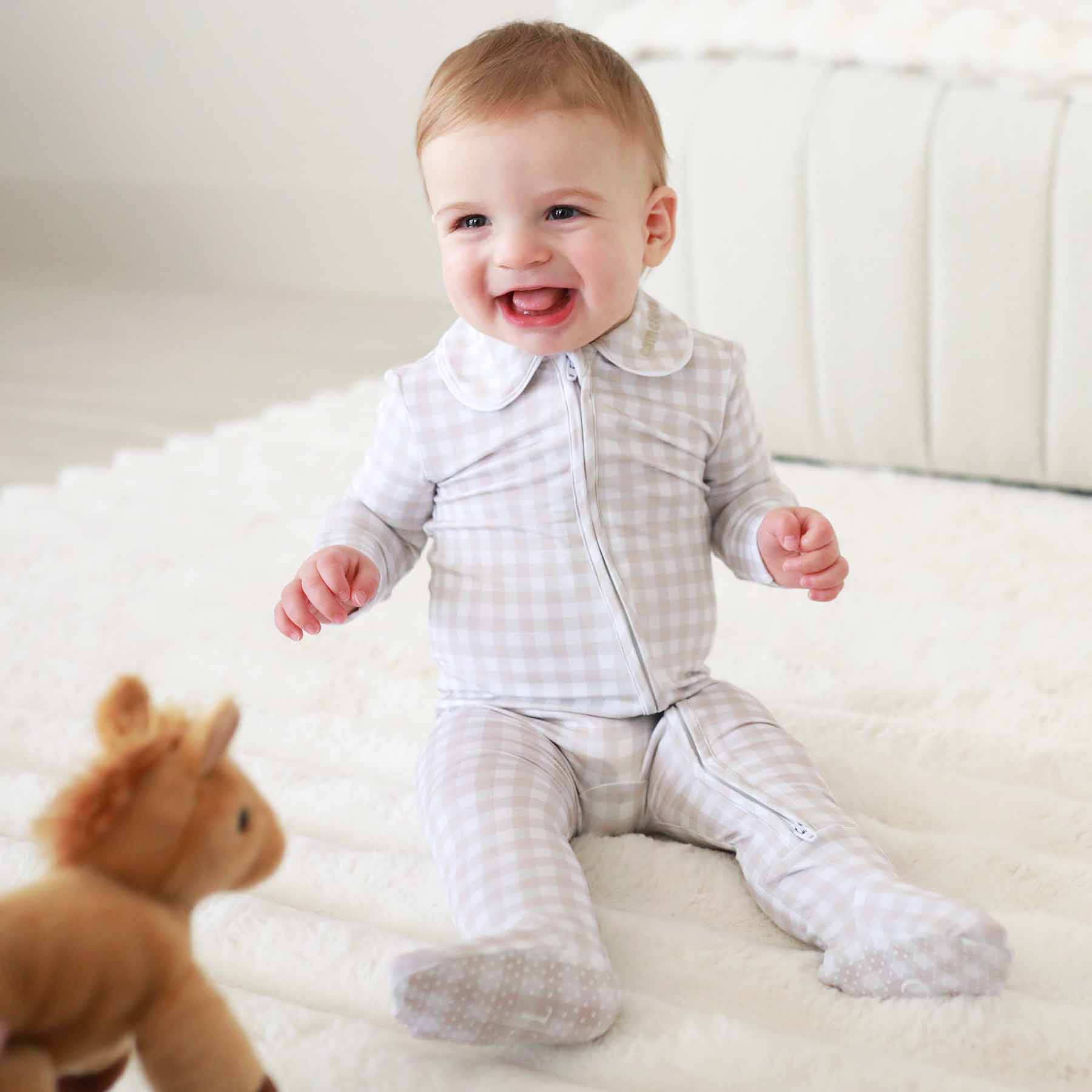 Peter Pan Collar Zipper Footie | Taupe Gingham