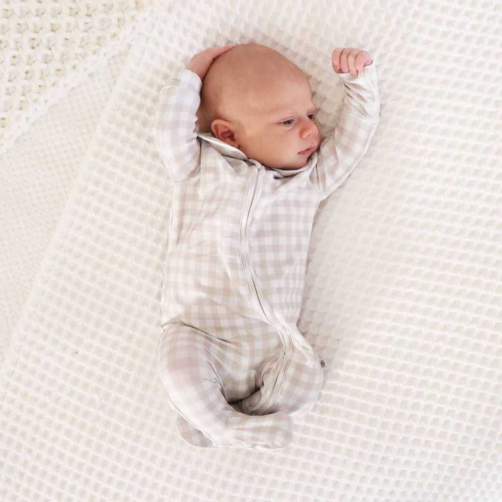 Peter Pan Collar Zipper Footie | Taupe Gingham