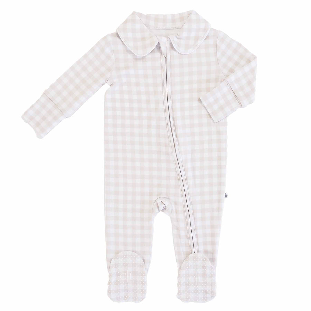 Peter Pan Collar Zipper Footie | Taupe Gingham