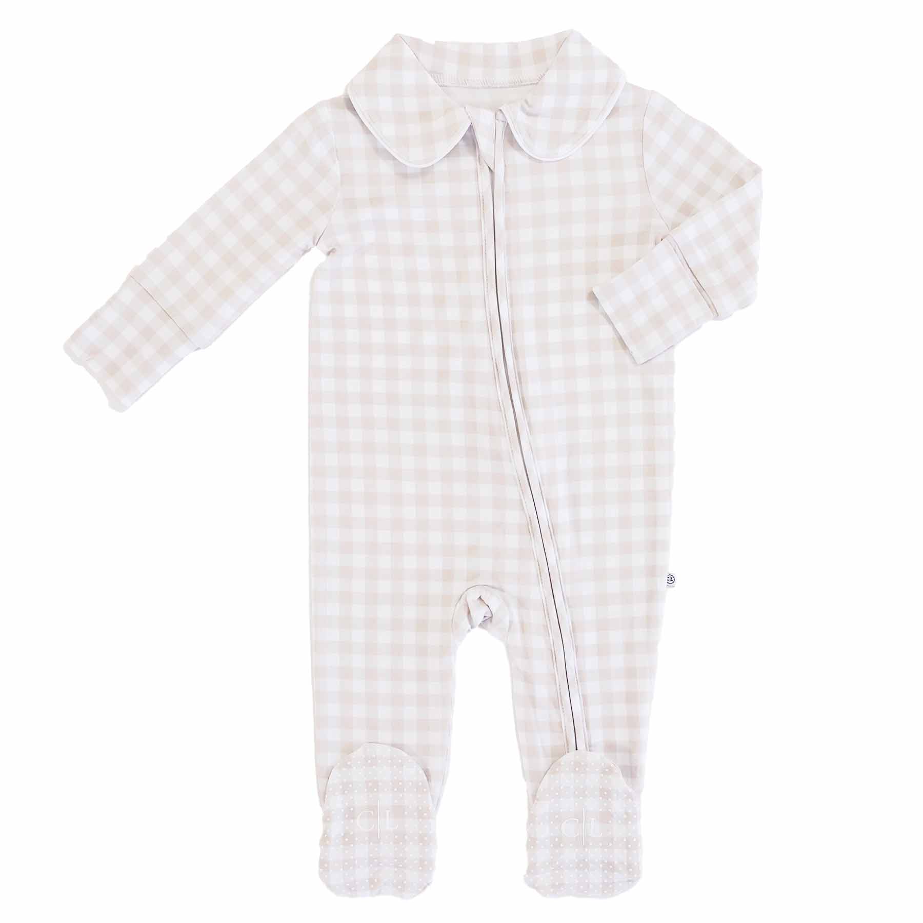 Peter Pan Collar Zipper Footie | Taupe Gingham
