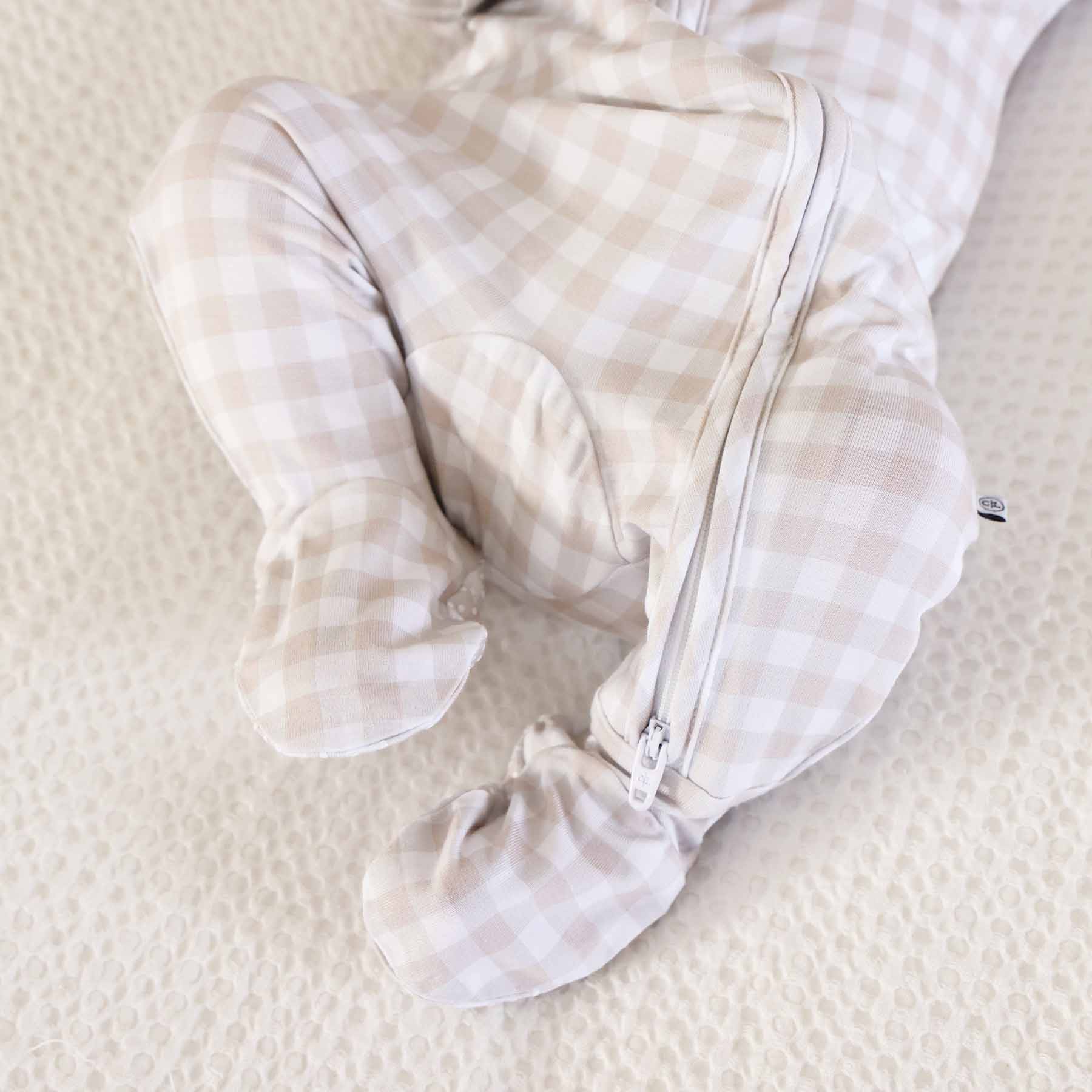 Peter Pan Collar Zipper Footie | Taupe Gingham
