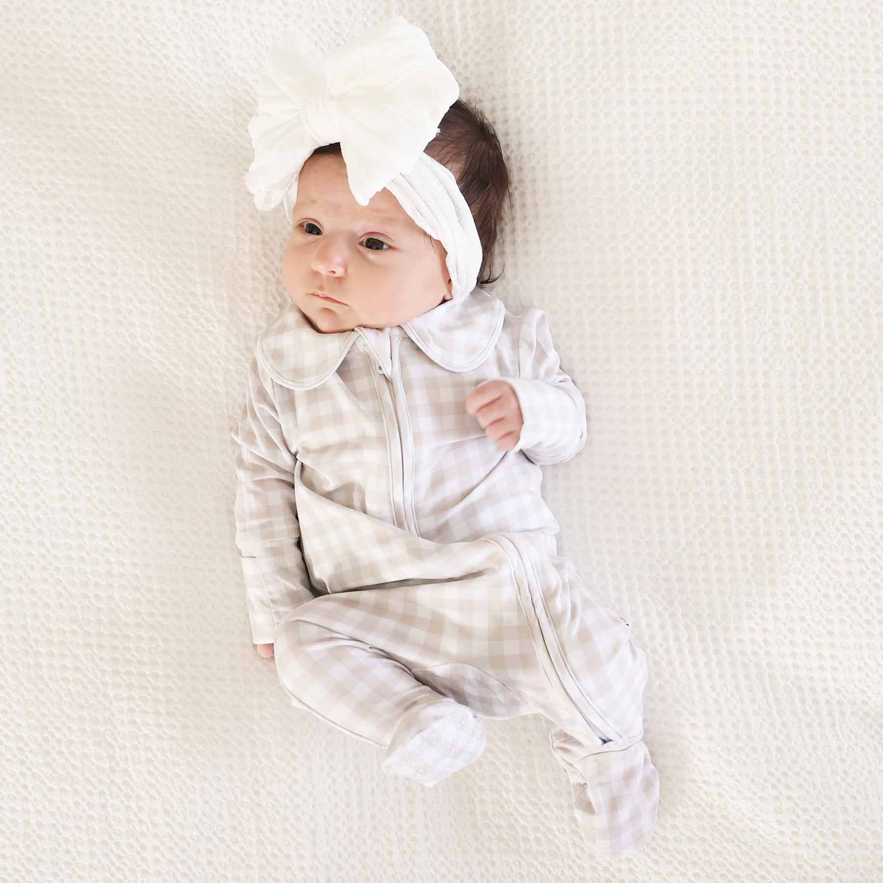 Peter Pan Collar Zipper Footie | Taupe Gingham
