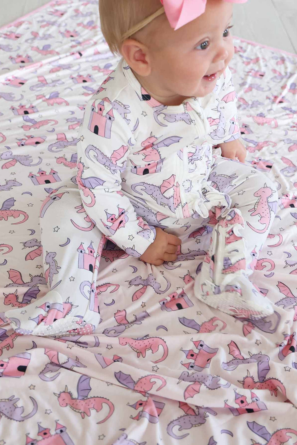 Dragon Adventure Ruffle Zipper Footie | Pink
