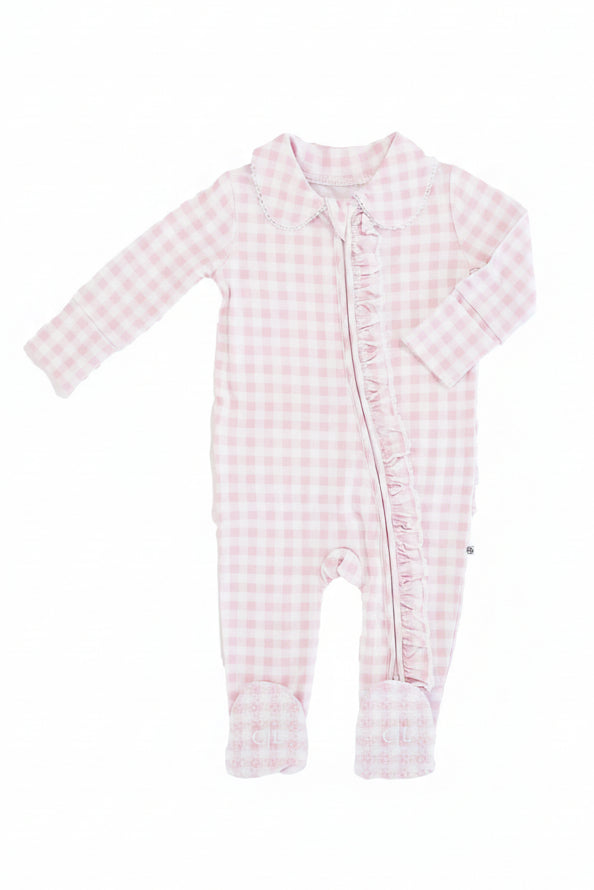 Peter Pan Collar Ruffle Zipper Footie | Rosy Gingham