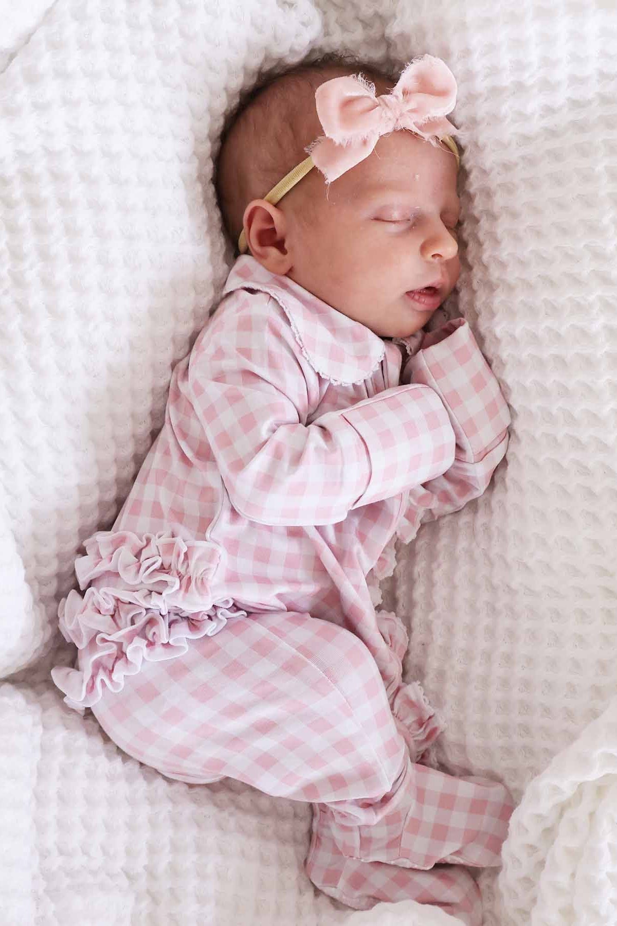 Peter Pan Collar Ruffle Zipper Footie | Rosy Gingham