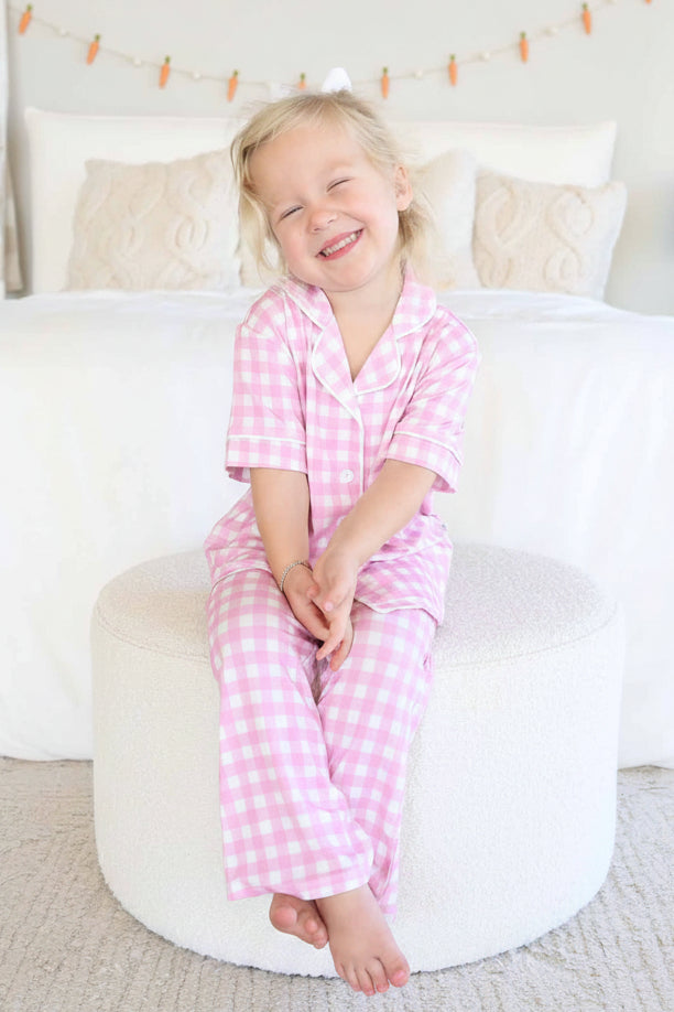 Girl's Two Piece Flare Lounge Set | Pink Gingham