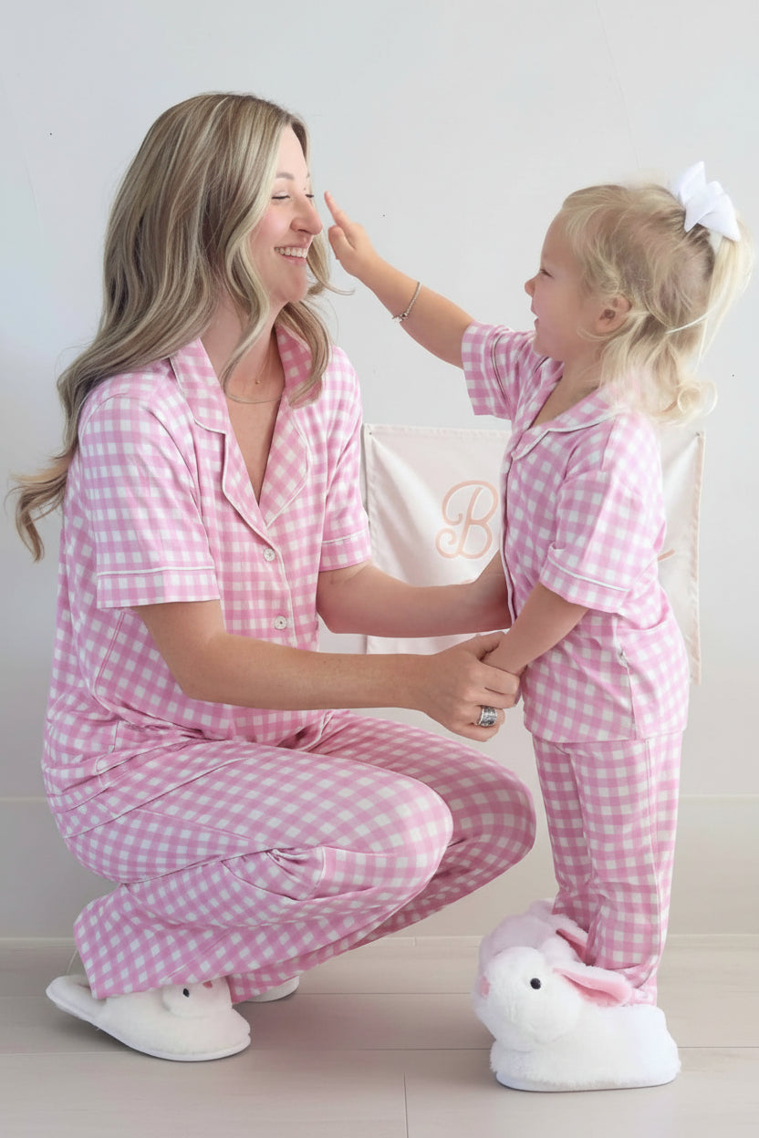 Girl's Two Piece Flare Lounge Set | Pink Gingham