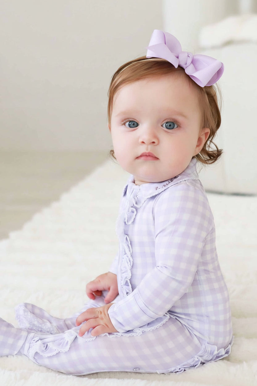 Peter Pan Collar Ruffle Zipper Footie | Lilac Gingham