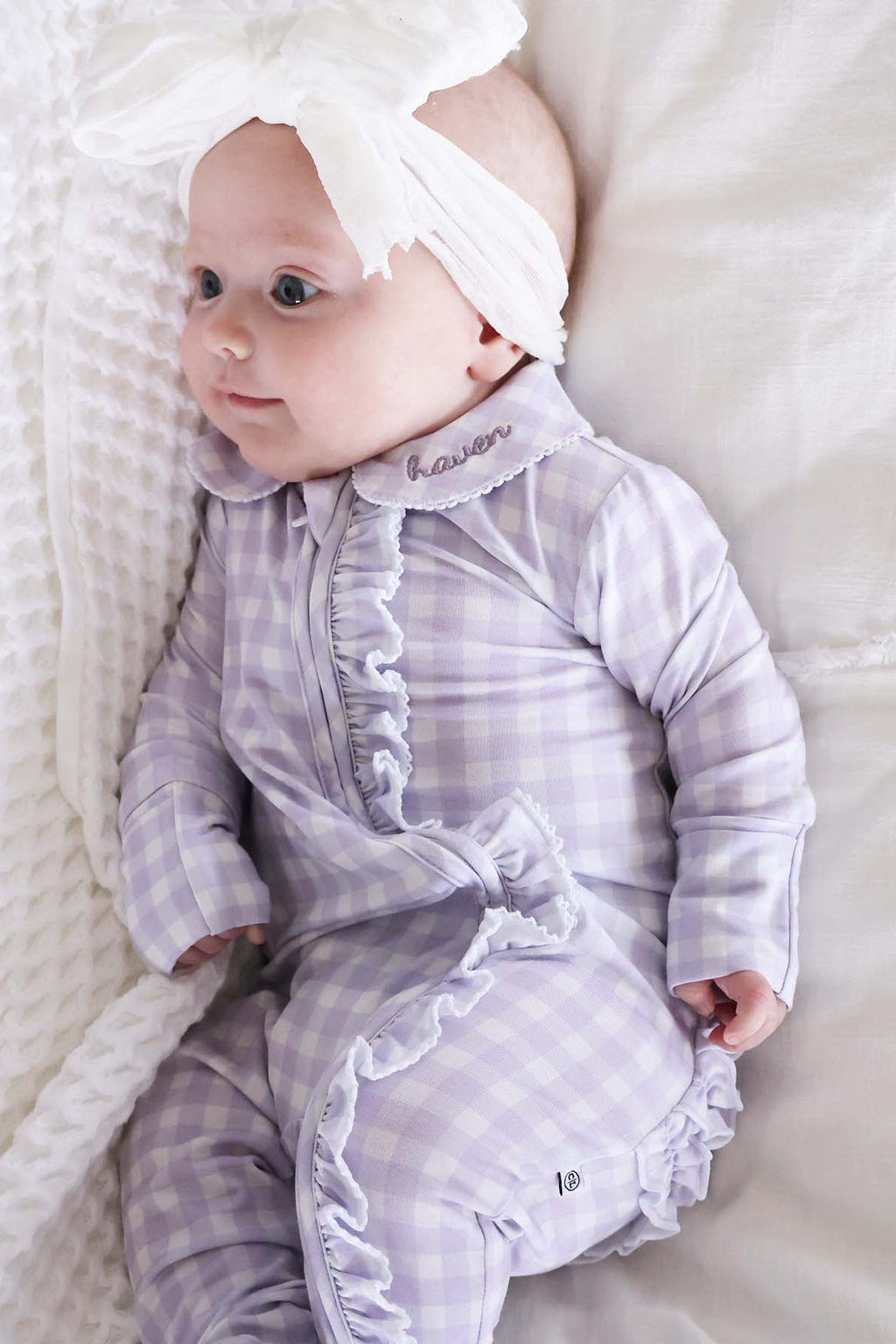 Peter Pan Collar Ruffle Zipper Footie | Lilac Gingham