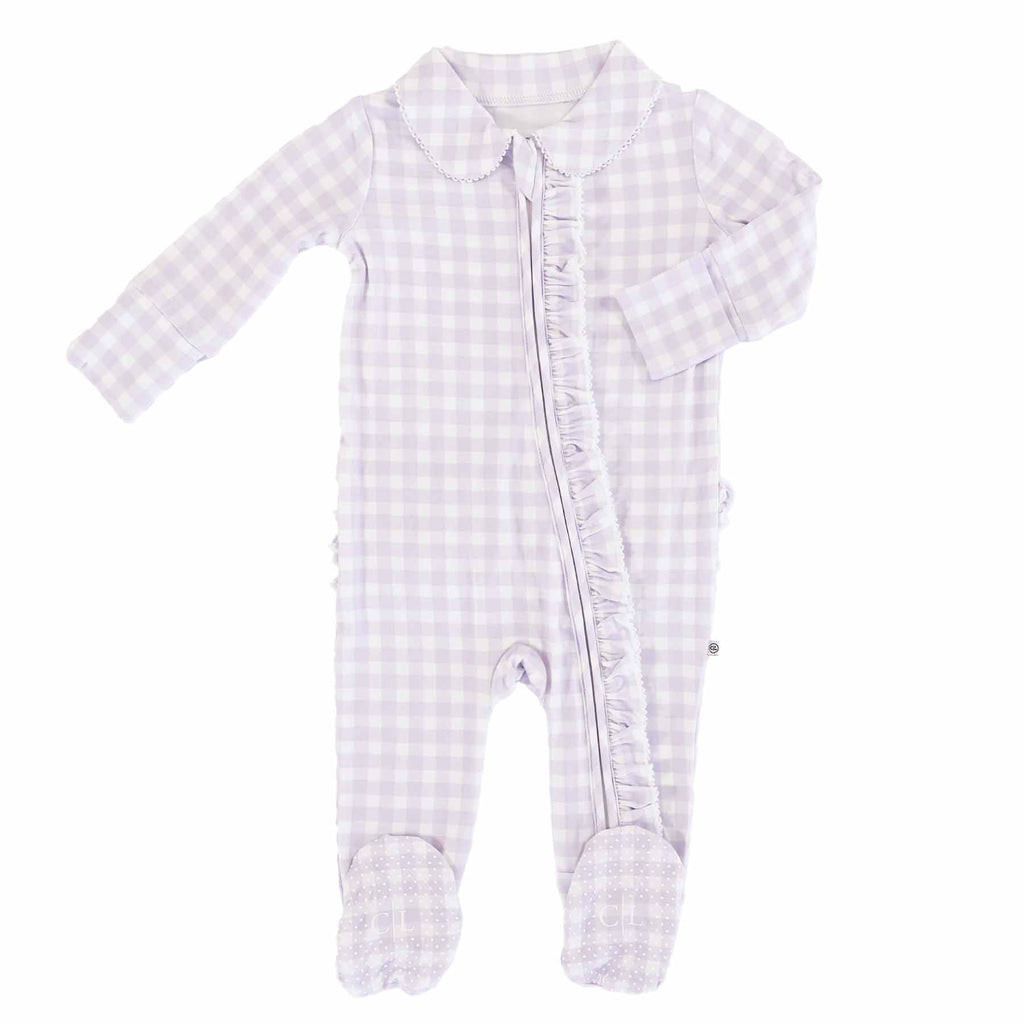 Peter Pan Collar Ruffle Zipper Footie | Lilac Gingham