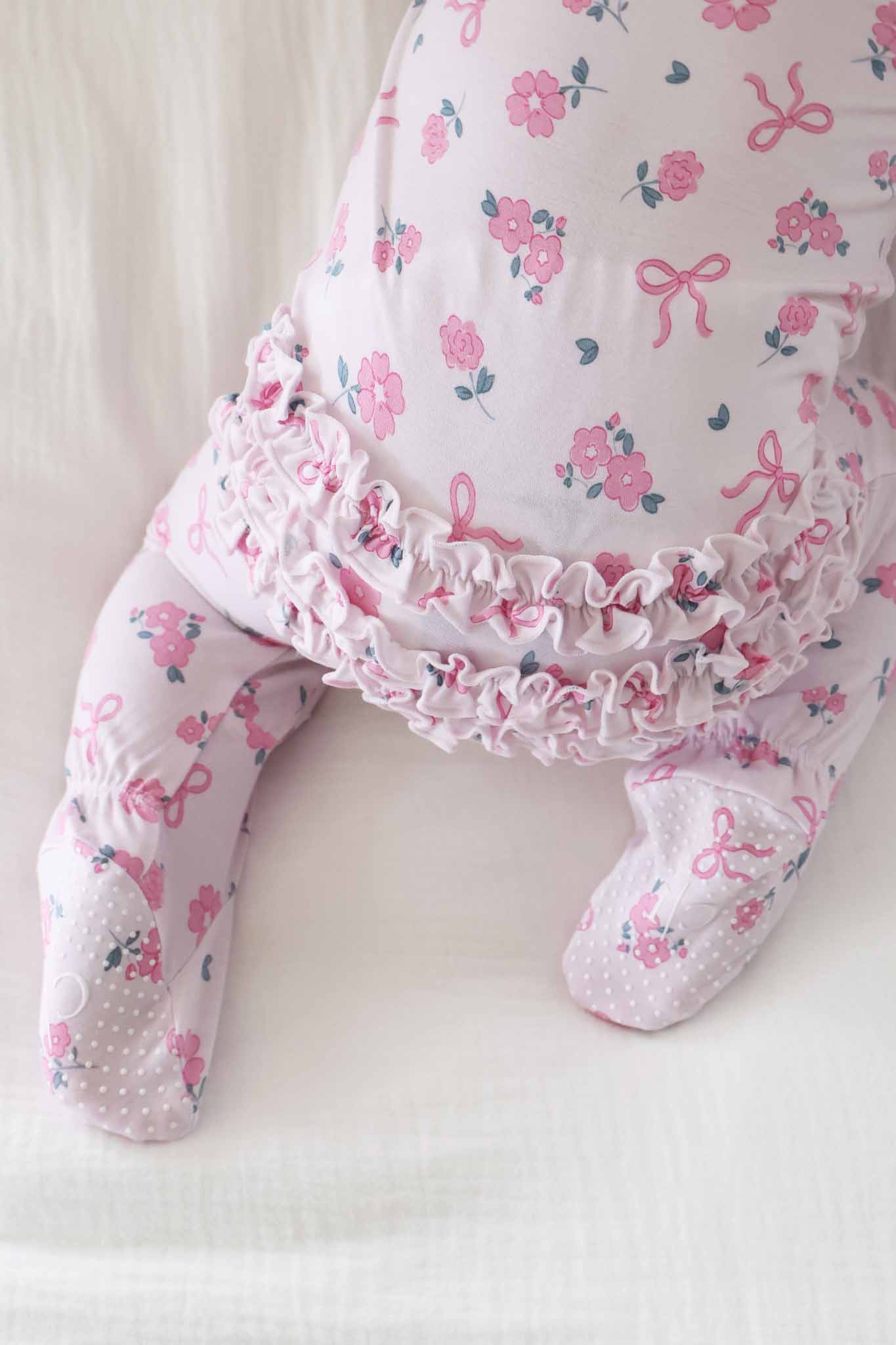 Ribbon & Roses Ruffle Zipper Footie | Pink