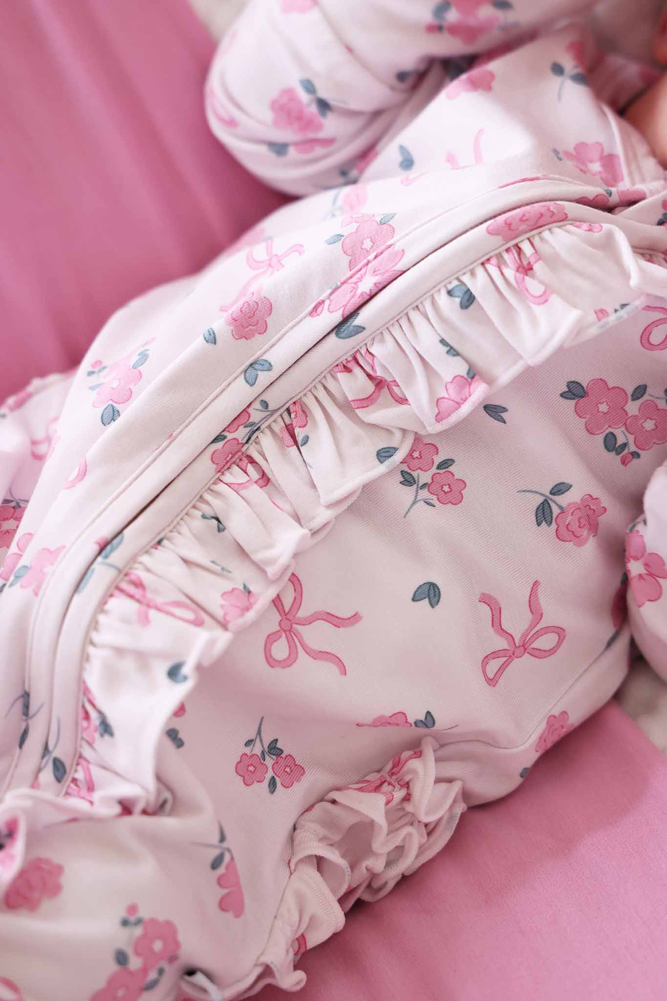 Ribbon & Roses Ruffle Zipper Footie | Pink