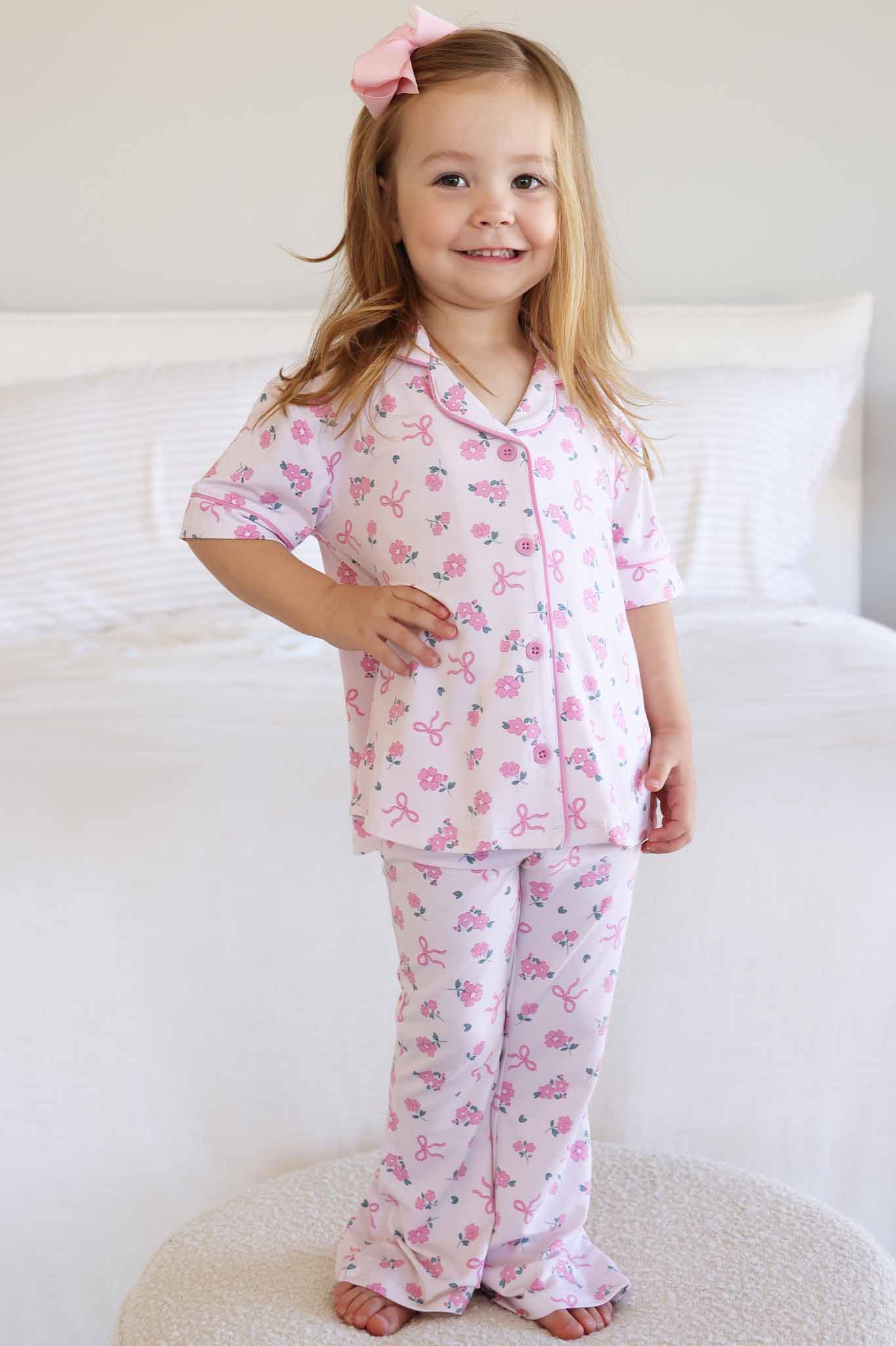 Girl's Two Piece Flare Lounge Set | Ribbon & Roses Pink