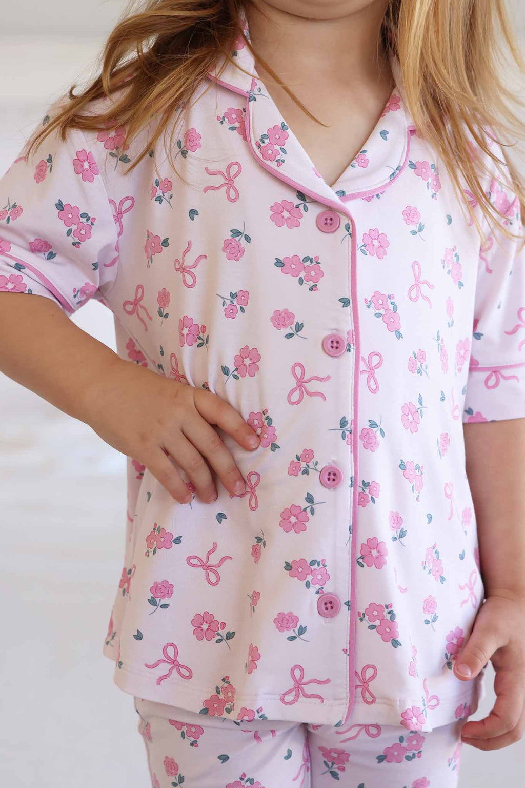 Girl's Two Piece Flare Lounge Set | Ribbon & Roses Pink