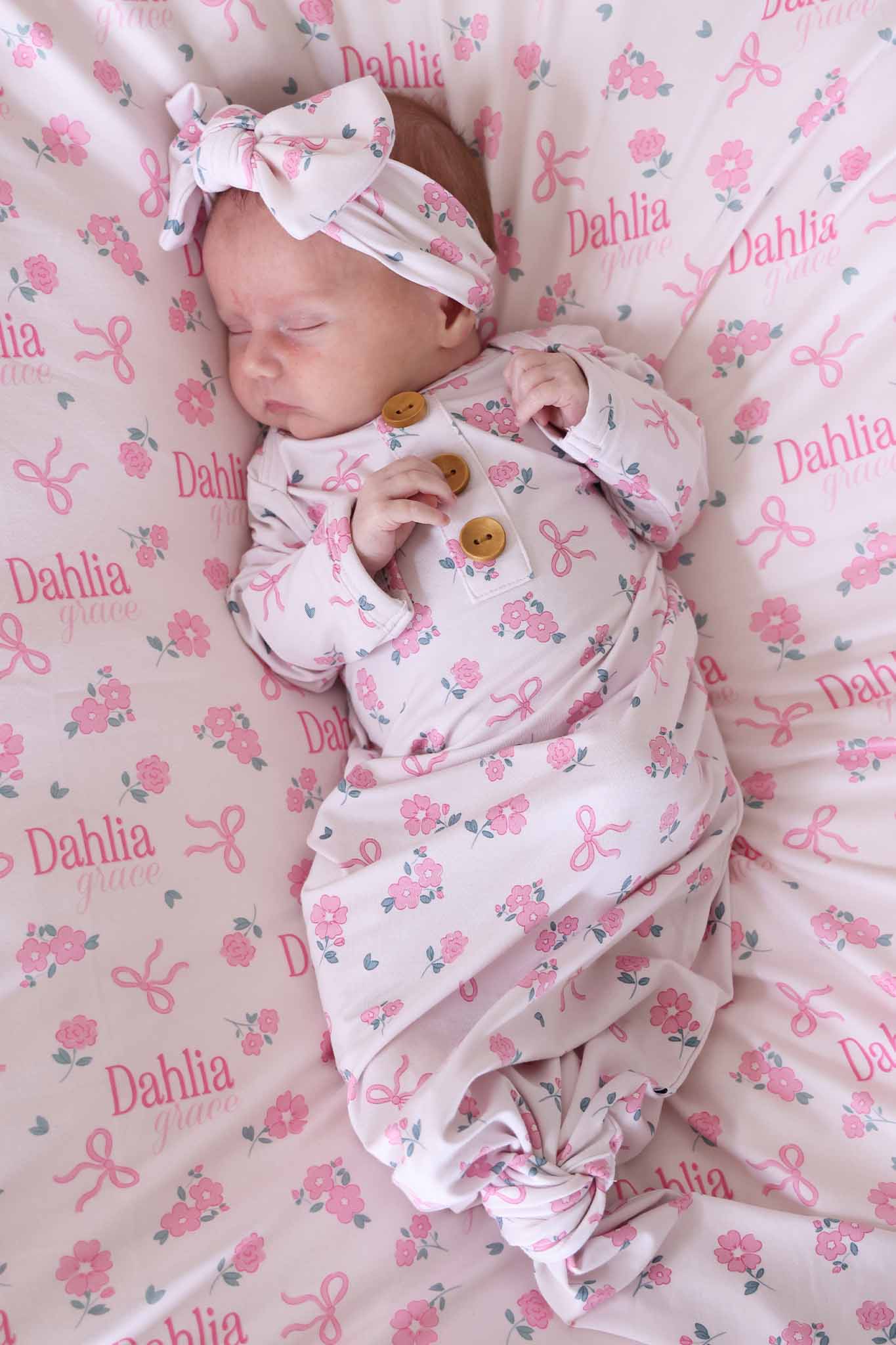 Ribbon & Roses Newborn Baby Knot Gown & Hat Set | Pink
