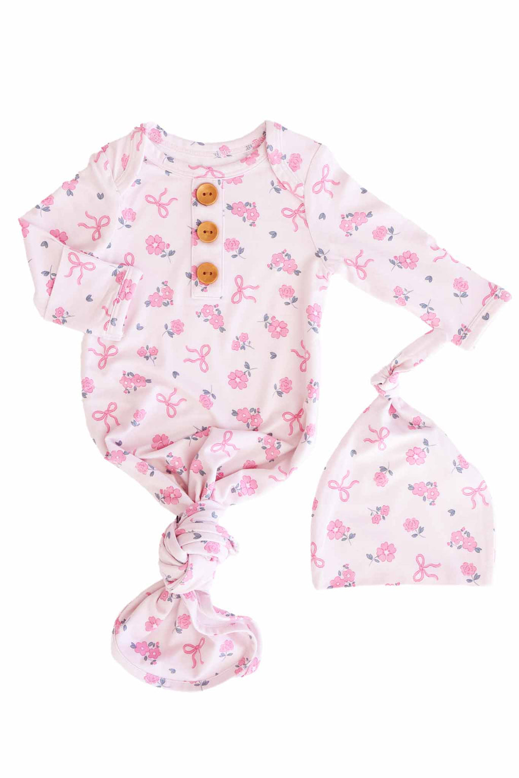 Ribbon & Roses Newborn Baby Knot Gown & Hat Set | Pink